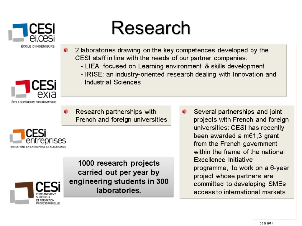 Research 1000 research projects carried out per year by engineering students in 300 laboratories.